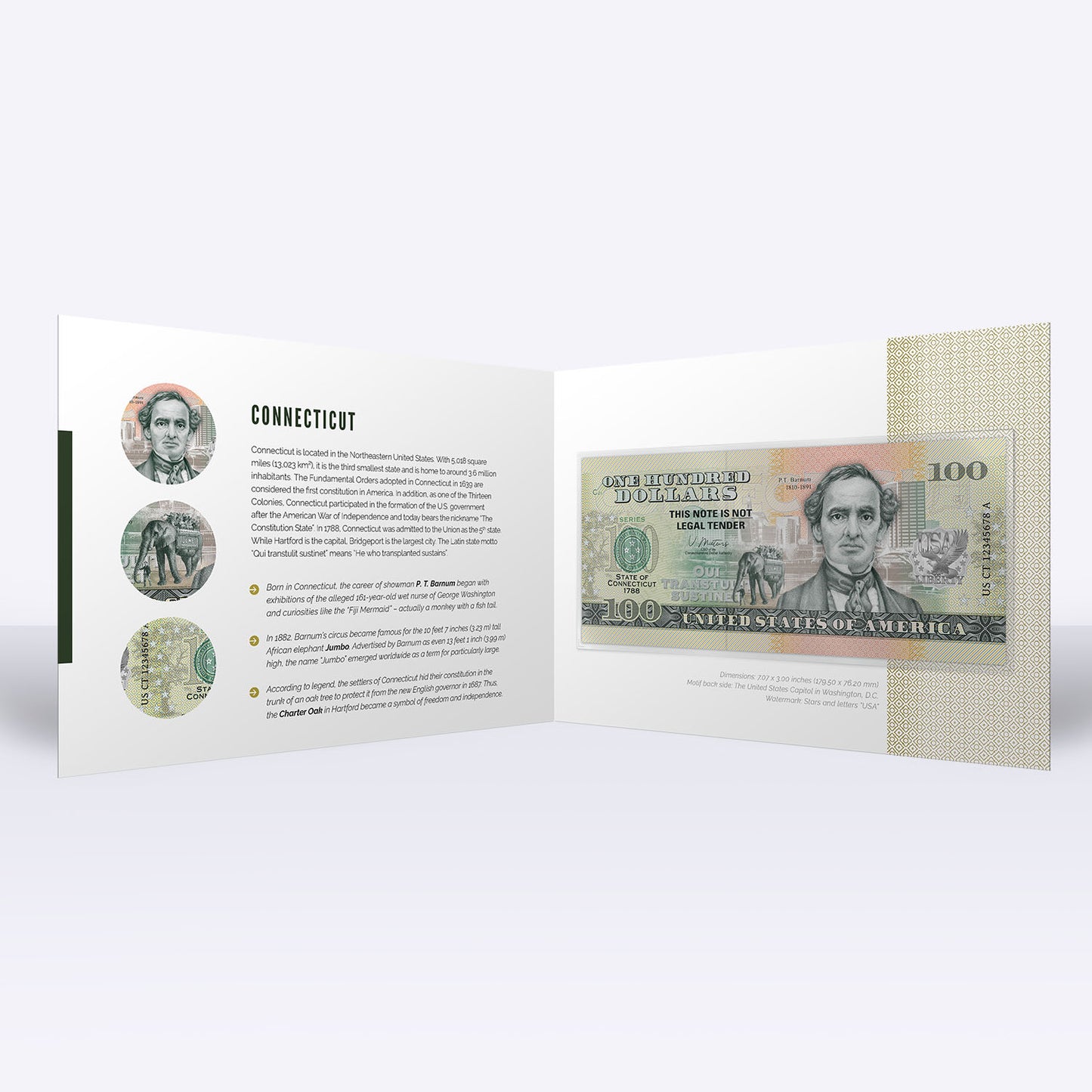 Souvenirschein 100 Dollar Connecticut - Der Staat der Verfassung