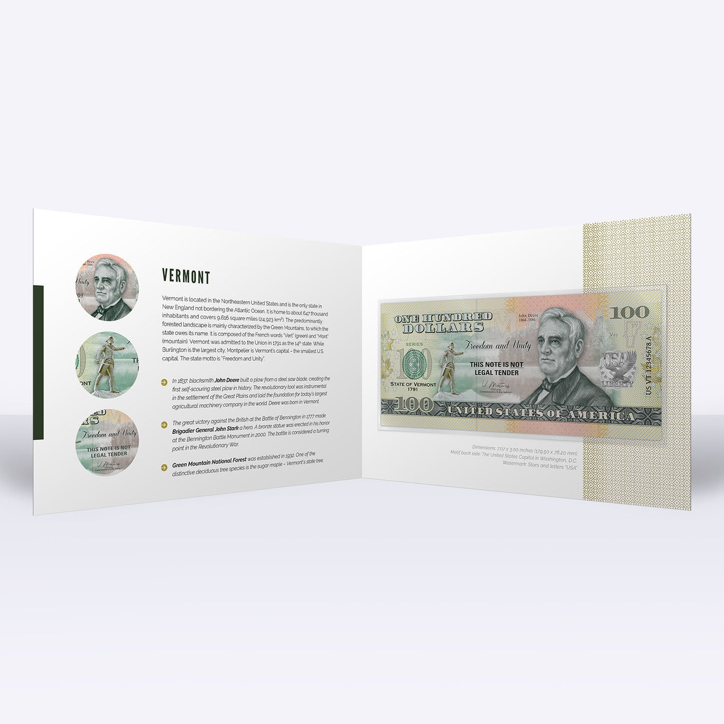 Souvenirschein 100 Dollar Vermont - Der Staat der Grünen Berge