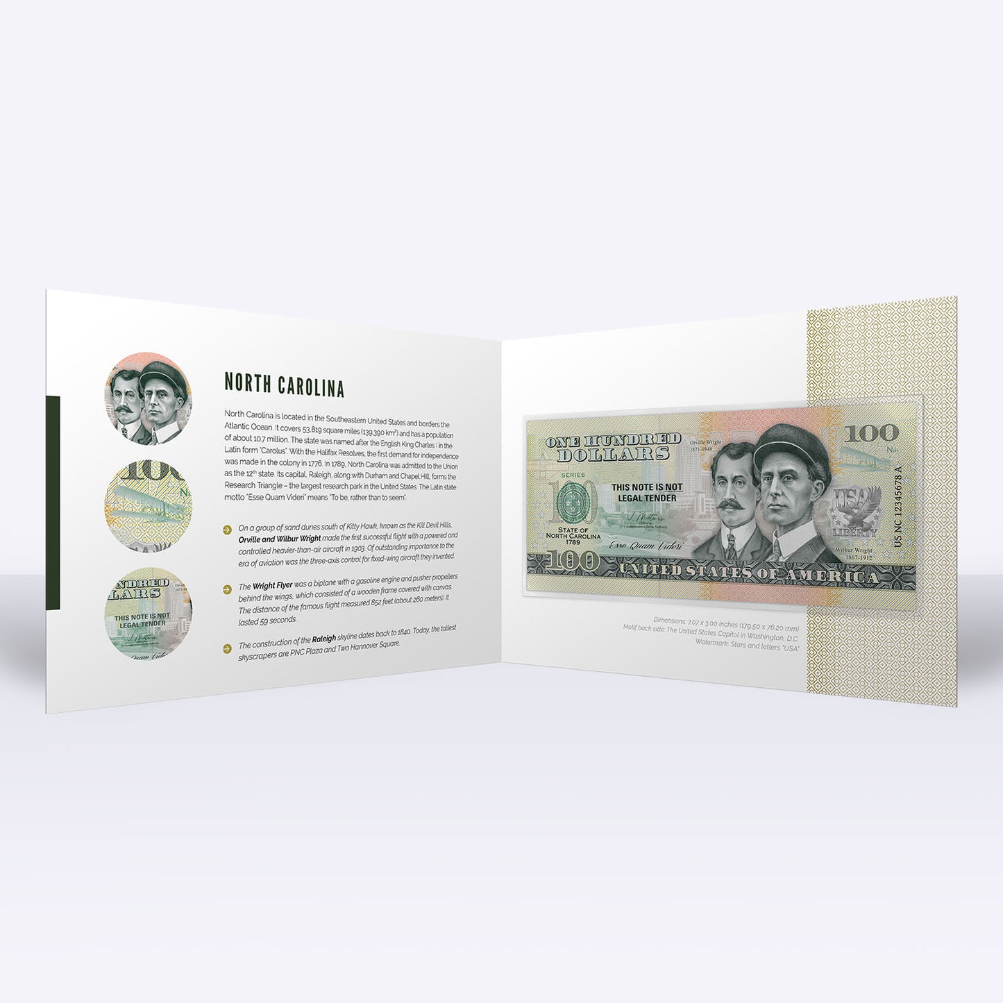 Souvenirschein 100 Dollar North Carolina - Der Staat der Teerfersen